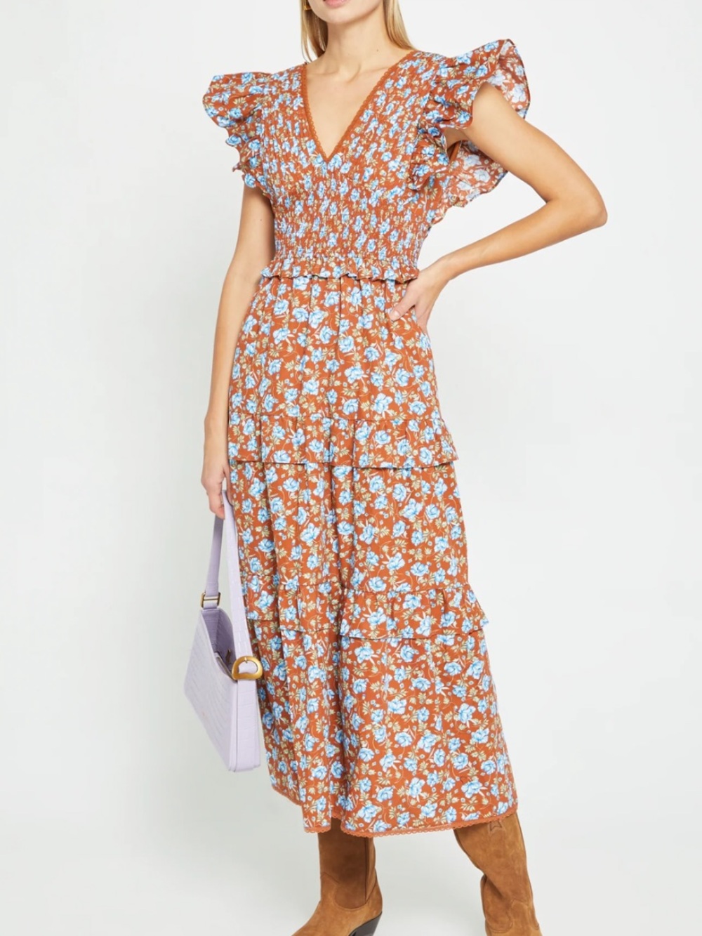 O.P.T. Emerson Maxi Dress brown floral flutter sleeve S